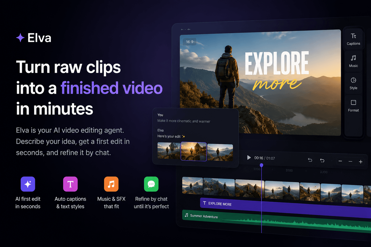 Elva AI video editor turning raw clips into a finished video